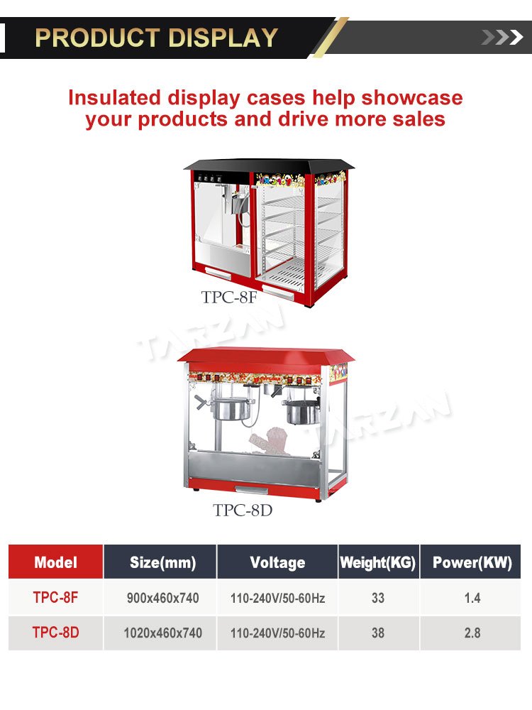 Dimensional specification comparison chart for TPC-8F and TPC-8D commercial popcorn machines