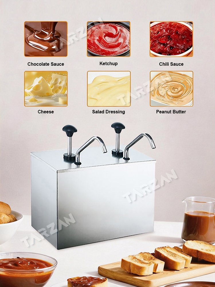Countertop sauce pump unit with various condiments like ketchup cheese and chili sauce