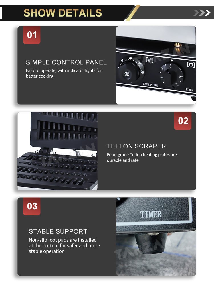 Detailed view of control panel thermostat knob 5-minute timer and non-stick pine tree baking plates