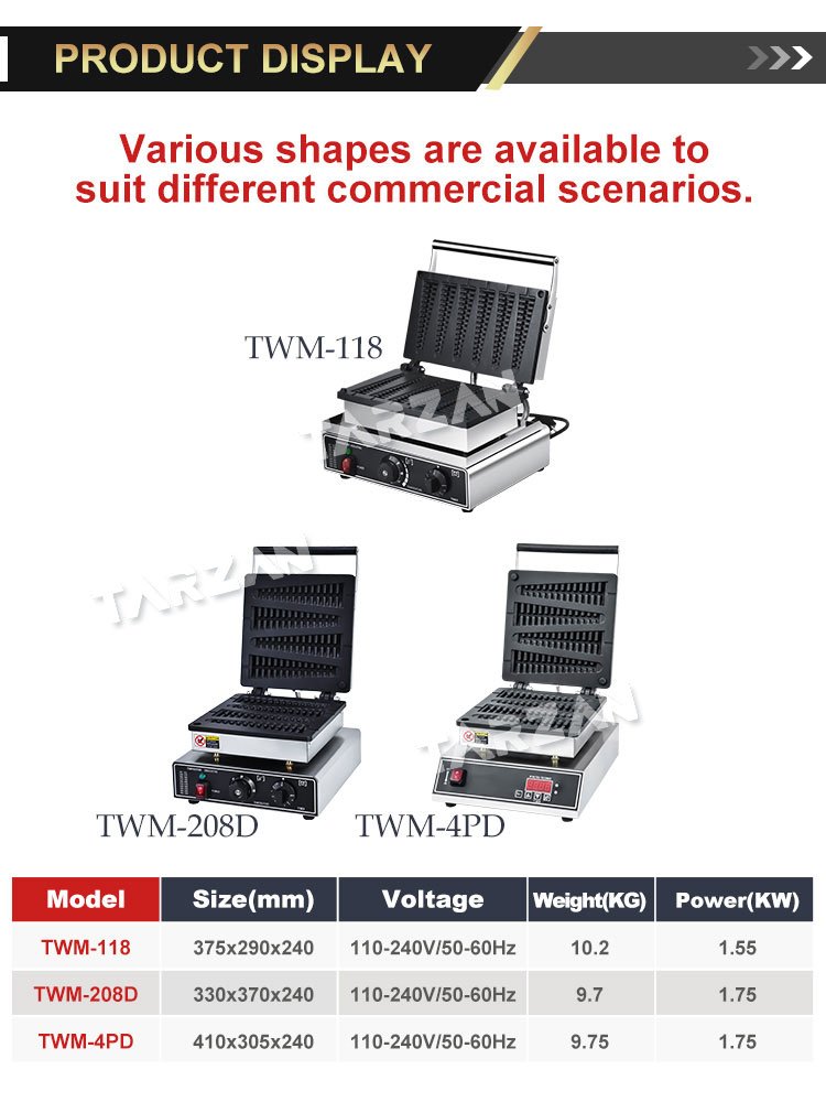 Dimensional specification comparison chart for TWM-118 TWM-208D and TWM-4PD waffle machines