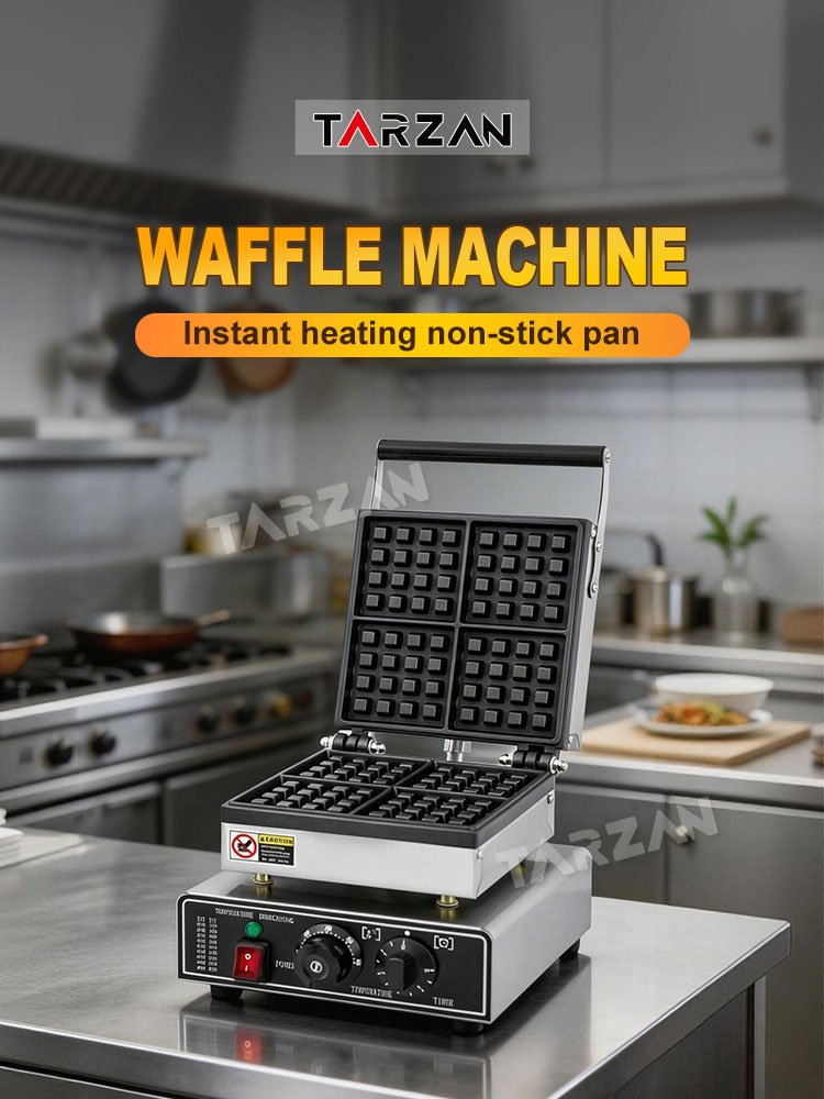 Commercial waffle machine with non stick grid plates on stainless steel kitchen prep table