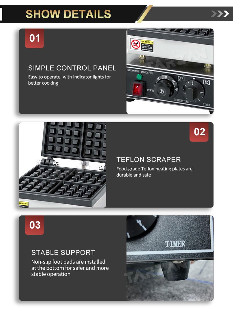 Detailed view of simple control panel with thermostat dial timer switch and non-stick heating plates