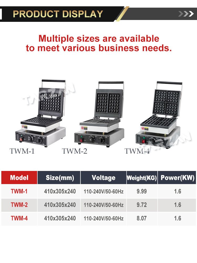 Dimensional specification and model comparison chart for TWM-1 TWM-2 and TWM-4 waffle makers