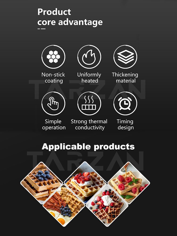 Six core product advantages and freshly baked Belgian waffles served with fruit toppings