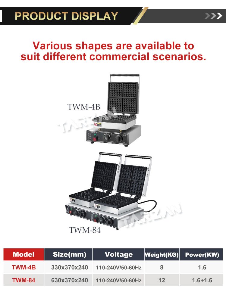 Dimensional specification comparison chart for TWM-4B and TWM-84 commercial waffle machines
