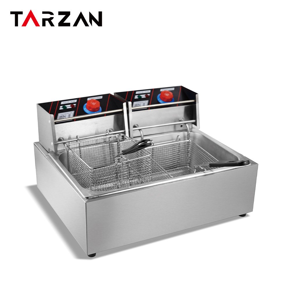 Commercial electric chip fryer with a single deep oil tank, a wire mesh basket and a lid with a viewing window, supplied.