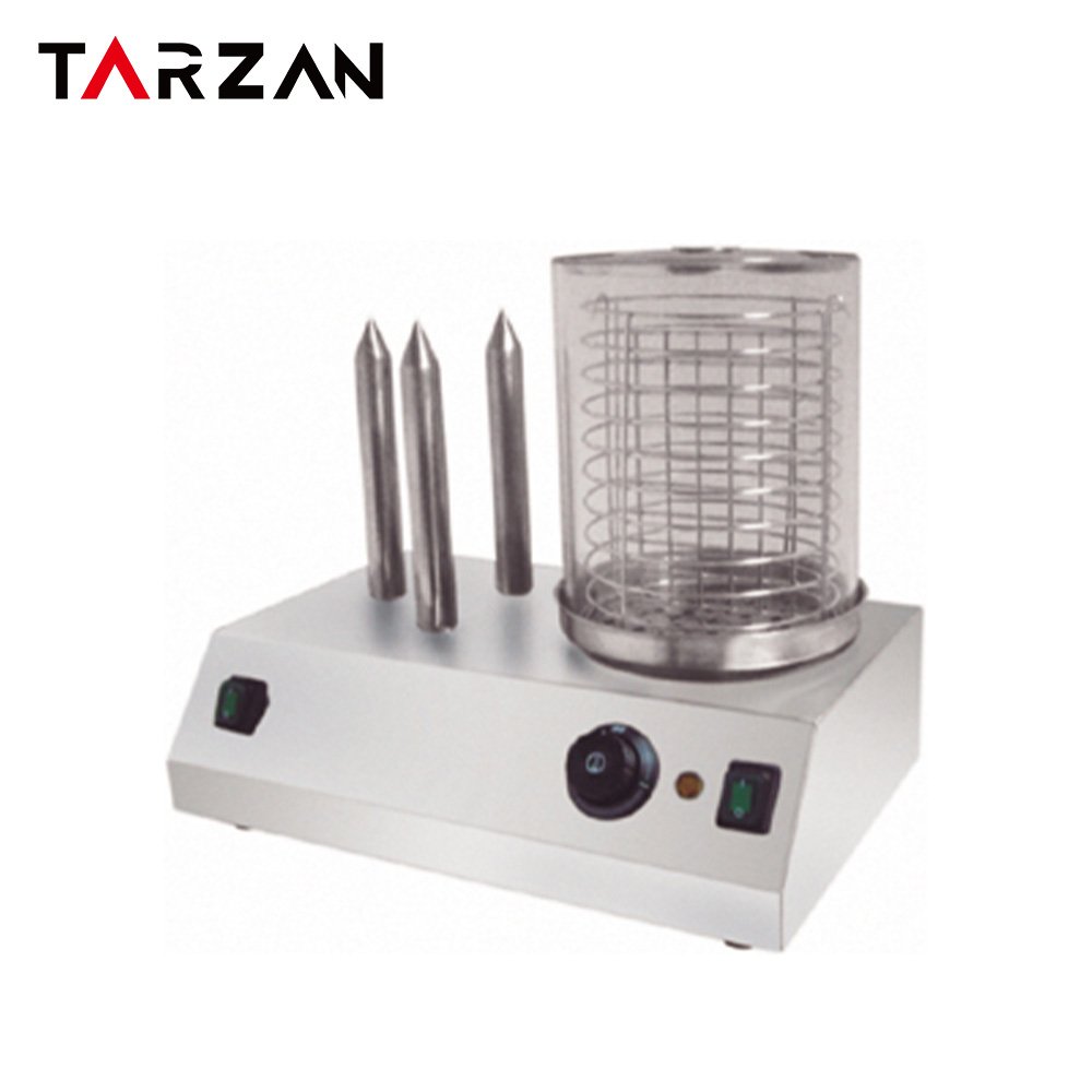 An electric commercial hot dog roller grill with seven stainless steel rotating rollers, a tempered glass sneeze guard and a front drip.