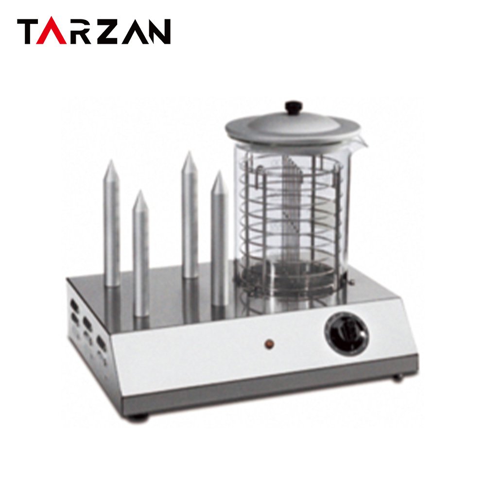 Front view of a countertop electric sausage roller machine with five chrome rollers, a bun warmer compartment below and a serving tongs.