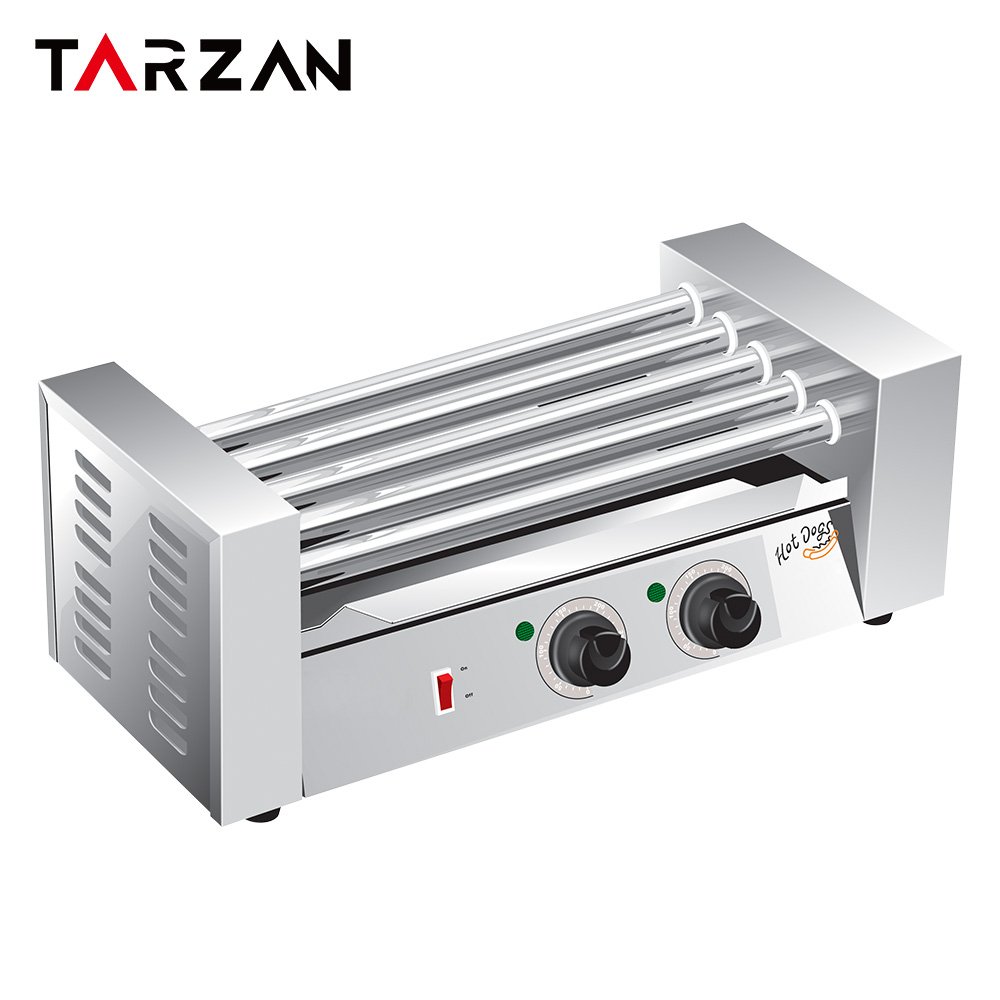 An electric hot dog cooker and display warmer with nine parallel stainless steel rollers and an illuminated sign holder on top, manufactured.