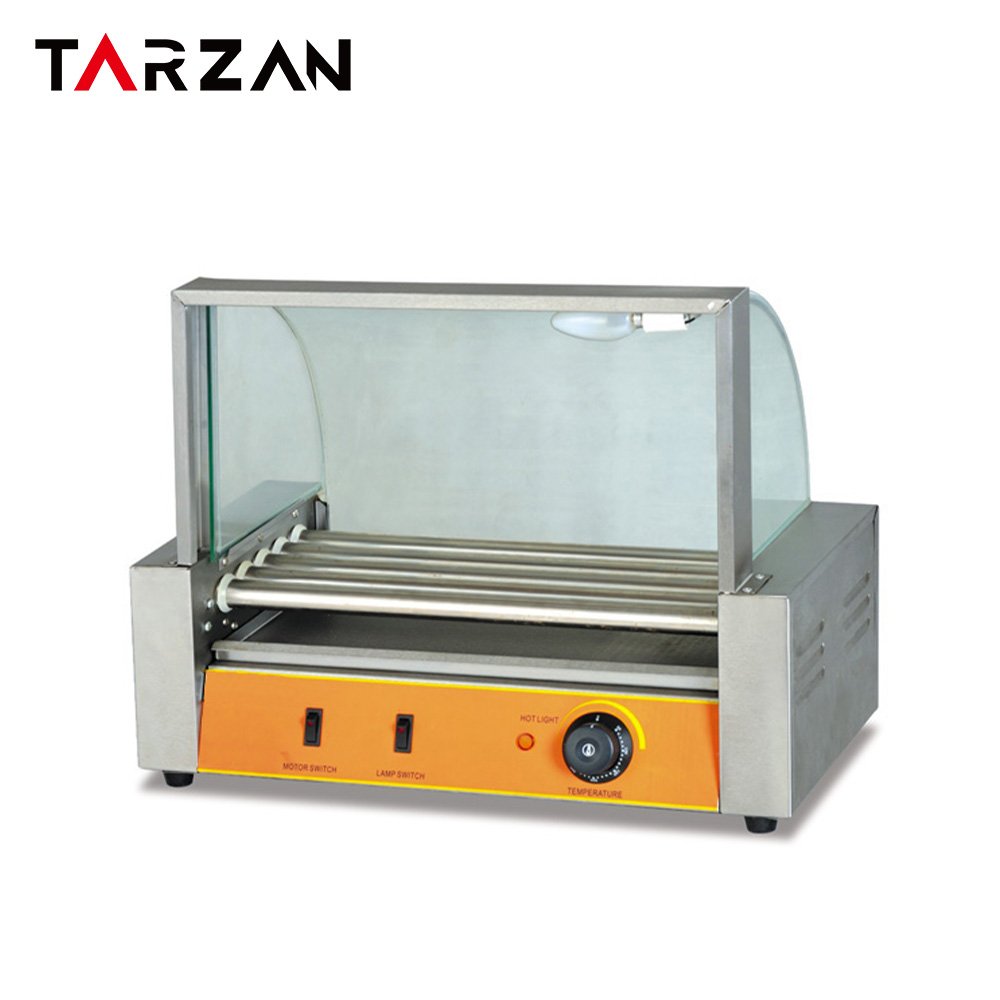 An electric commercial hot dog roller grill with seven brushed stainless steel rotating rollers, a tempered glass sneeze guard and a front.