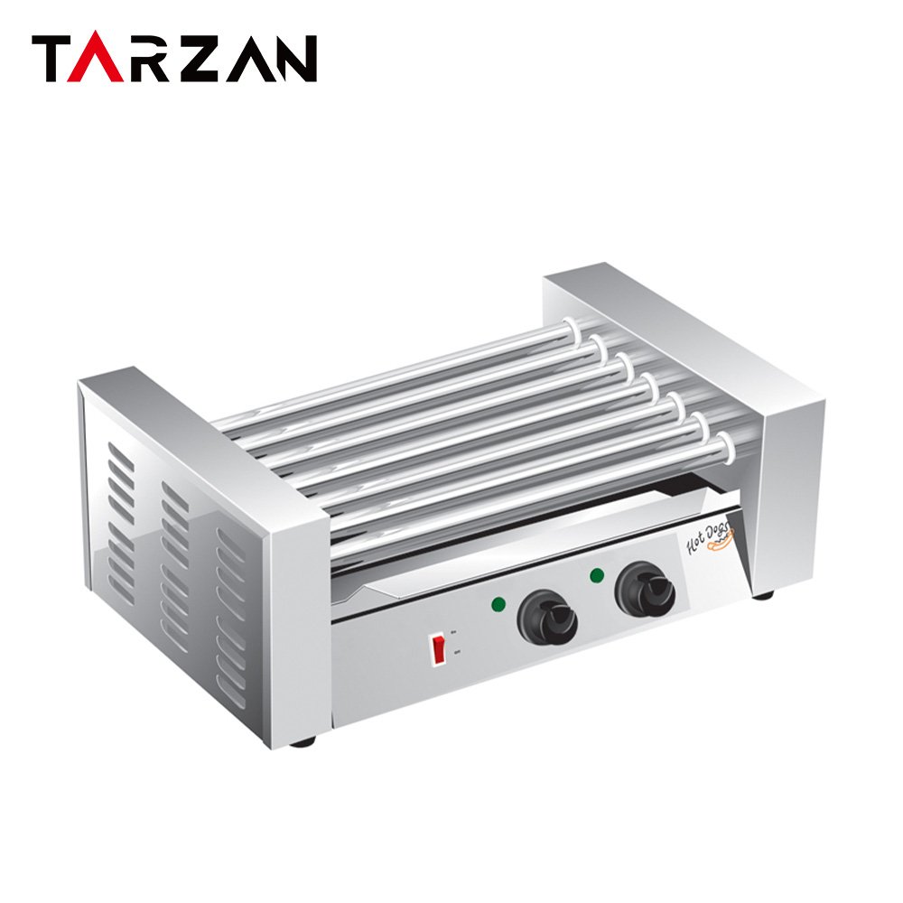A hot dog roller machine with parallel stainless steel rollers, a clear safety shield and front-mounted power controls, supplied by Tarzan.