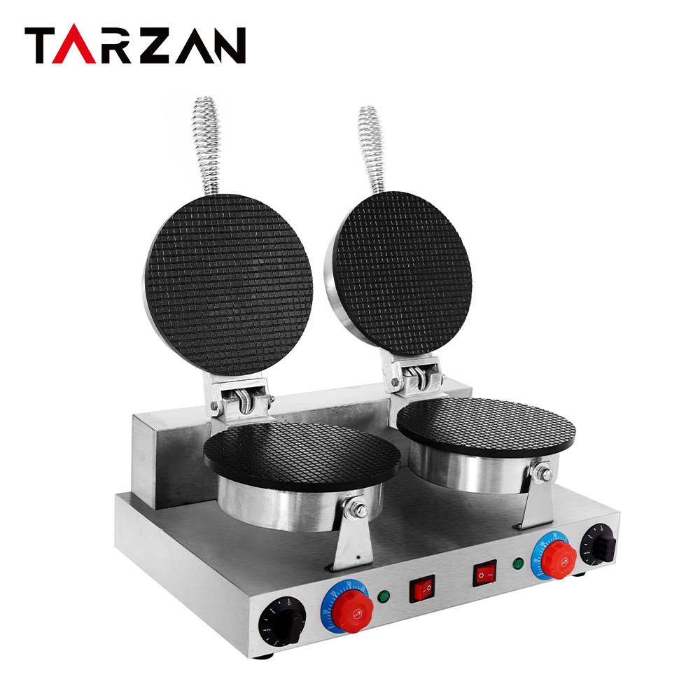 An electric restaurant-grade waffle iron with non-stick cast iron cooking plates forming a deep Belgian waffle grid pattern and a temperature control.