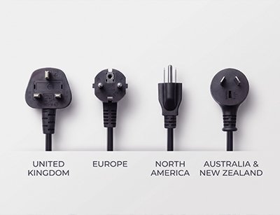 Power plug options for Tarzan Kitchen equipment in the UK, Europe, North America, Australia and New Zealand