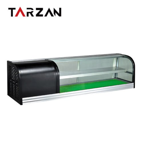 1800 mm Commercial Sushi Display Cooler, model SDC-1800-2, shown with a curved glass cover, green display deck and side refrigeration housing; 1800 × 350 × 500 mm; 0.41 kW.