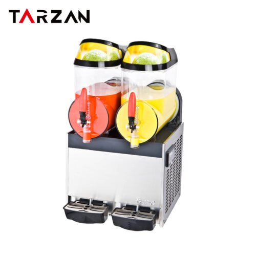 Commercial slush machine SM-102 with two transparent 10 L bowls, dual dispensing taps and a stainless steel base on a white background.