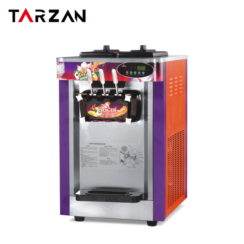 A floor-standing electric soft serve ice cream machine with two transparent hoppers, pull-down dispensing handles and a drip tray, manufactured by Tarzan.
