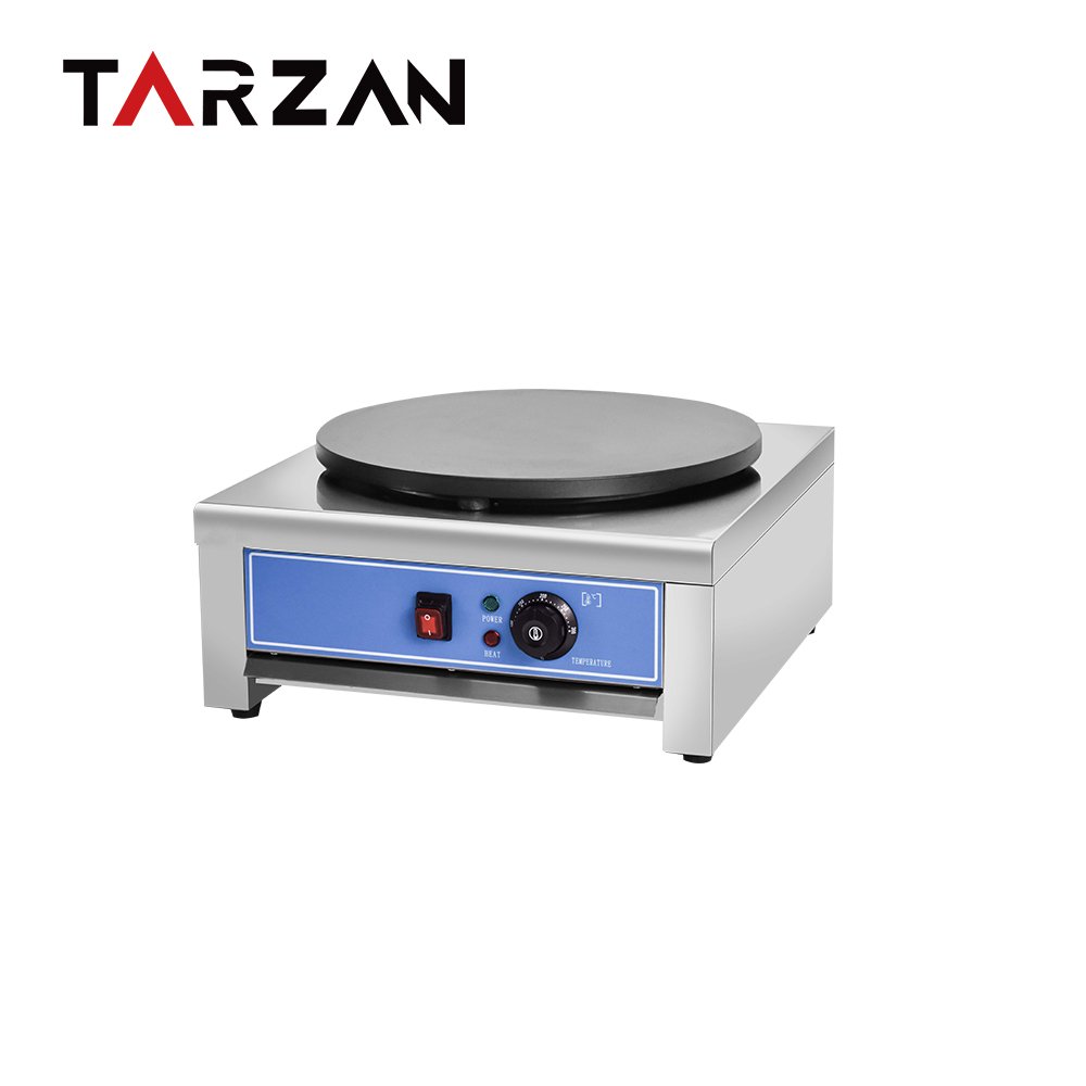 Single-Plate Electric Commercial Crepe Maker, model TCM-1E, shown with one round cast cooking plate and thermostat control; 3 kW; 480 × 540 × 230 mm.