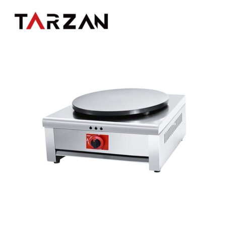 Single-Plate Gas Commercial Crepe Maker, model TCM-1G, shown with one round cast cooking plate in a stainless gas countertop body; 4 kW; LPG 2800 Pa; 480 × 540 × 230 mm.