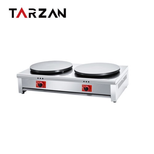 Double-Plate Gas Commercial Crepe Maker, model TCM-2G, shown with two round cast cooking plates with separate gas controls; 8 kW; LPG 2800 Pa; 900 × 540 × 230 mm.