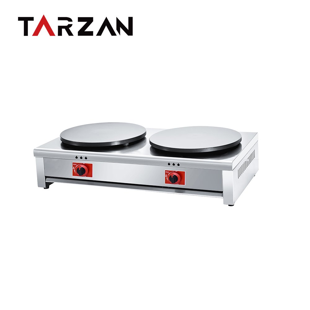 Double-Plate Gas Commercial Crepe Maker, model TCM-2G, shown with two round cast cooking plates with separate gas controls; 8 kW; LPG 2800 Pa; 900 × 540 × 230 mm.