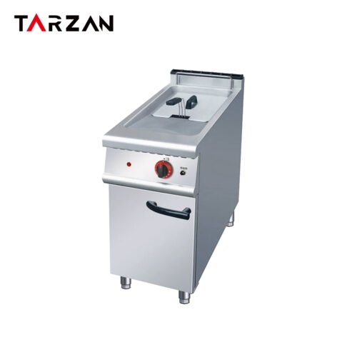 Commercial electric deep fryer TEF-775 with a single frying tank, stainless steel body and floor-standing base cabinet on a white background.