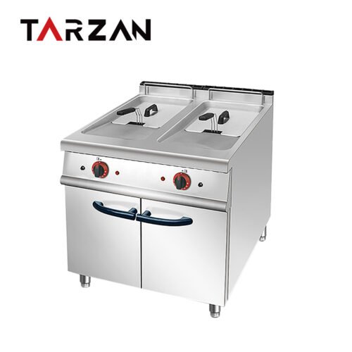 Commercial electric deep fryer TEF-885 with two independently controlled frying tanks and a stainless steel base cabinet on a white background.