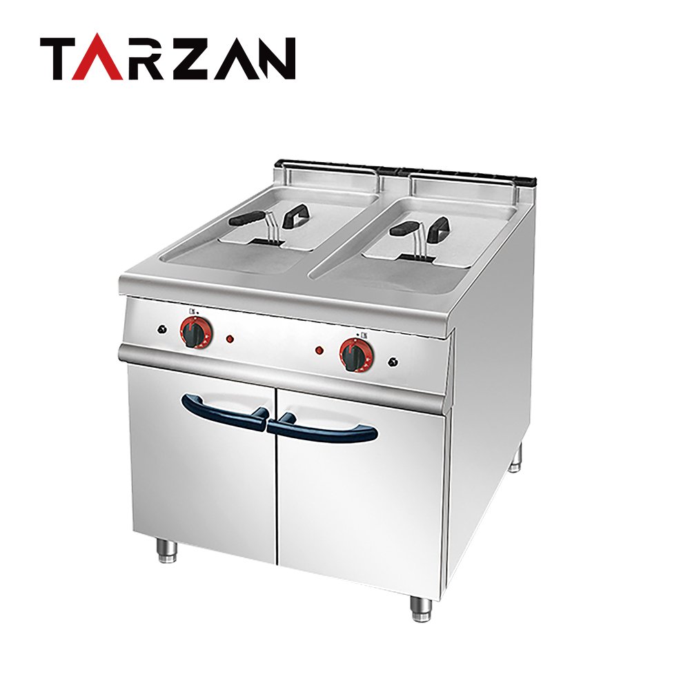 Commercial electric deep fryer TEF-885 with two independently controlled frying tanks and a stainless steel base cabinet on a white background.