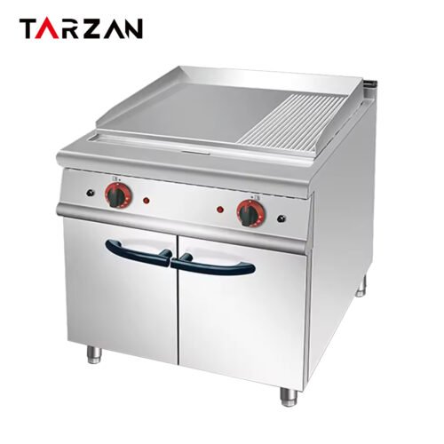Commercial electric griddle TEG-786 with a two-thirds flat and one-third grooved cooking plate above a two-door cabinet on a white background.