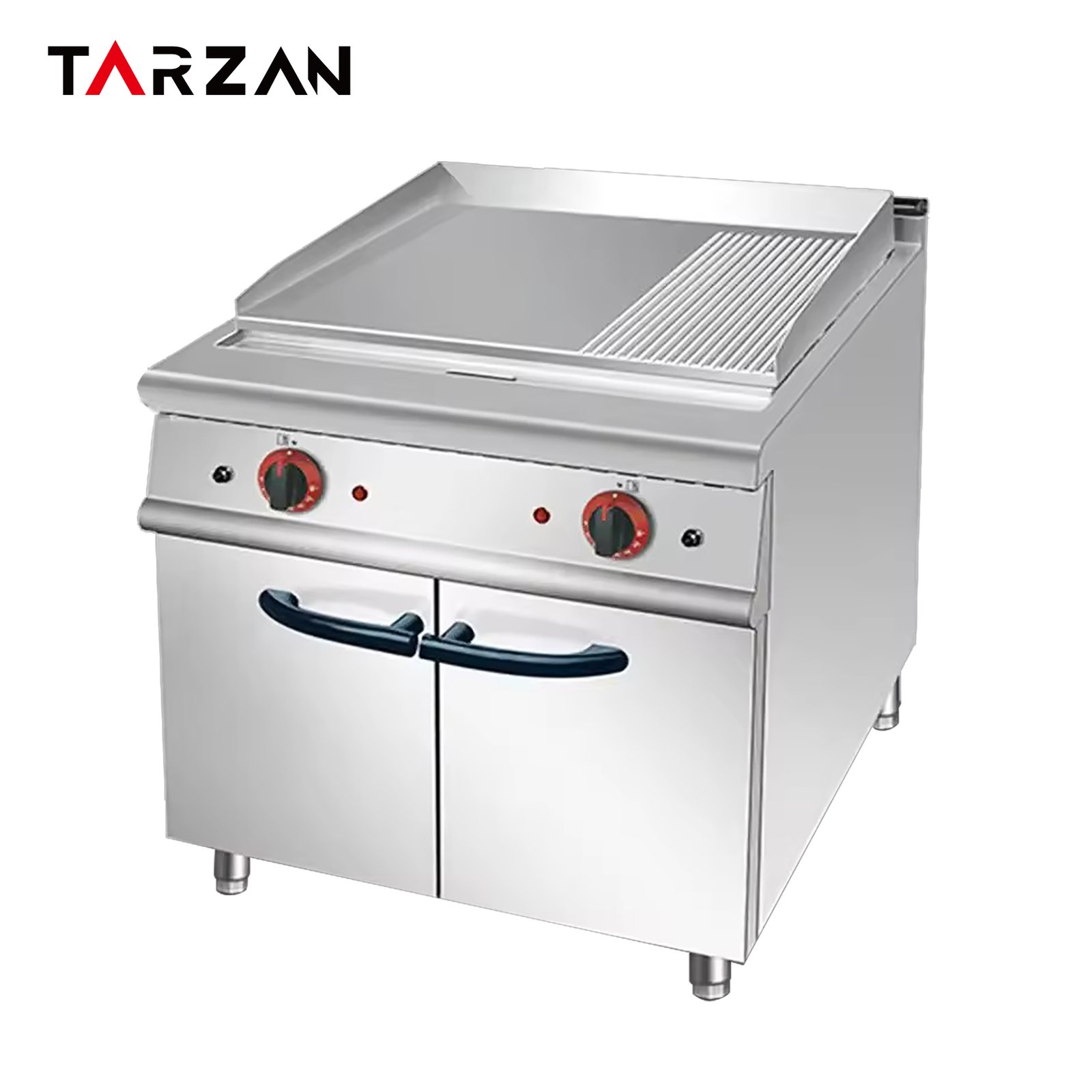 Commercial electric griddle TEG-786 with a two-thirds flat and one-third grooved cooking plate above a two-door cabinet on a white background.