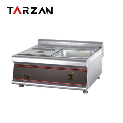 Commercial bain marie TEH-684 with two rectangular lidded food pans, a countertop stainless body and front control panel on a white background.