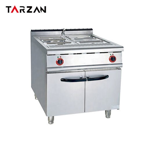 Commercial bain marie TEH-884 with multiple inset food pans, two front controls and a stainless steel two-door cabinet on a white background.