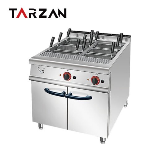 Electric Pasta Cooker with Cabinet, model TEH-888C, shown with multiple pasta baskets above a two-door stainless cabinet; 18 kW; 800 × 900 × 930 mm.