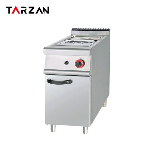 Commercial bain marie TGH-974 with inset food pans, a single gas control and a narrow stainless steel base cabinet on a white background.