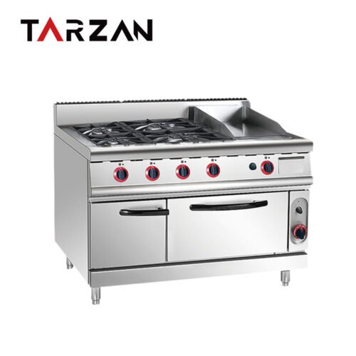 4-Burner Gas Range with Griddle and Oven, model TGH-996A, shown with four open burners, a side griddle and an integrated gas oven; 31.2 kW; 1200 × 900 × 930 mm.