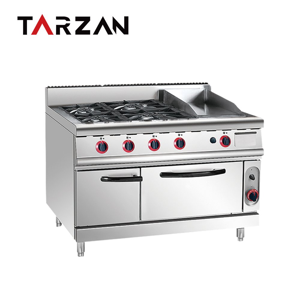 4-Burner Gas Range with Griddle and Oven, model TGH-996A, shown with four open burners, a side griddle and an integrated gas oven; 31.2 kW; 1200 × 900 × 930 mm.