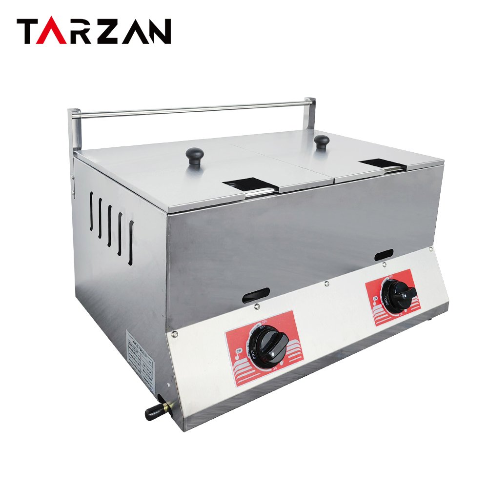 Double tank stainless gas deep fryer TGF-72B fitted with dual stainless steel lids