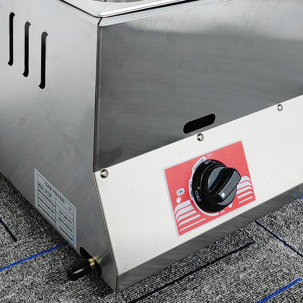 Side view of TGF-72B gas fryer showing side heat vents and pure copper gas connector