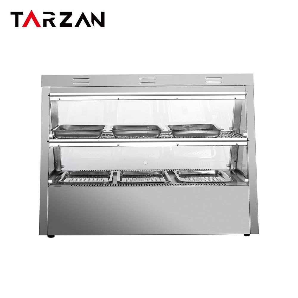 Front straight view of 1100mm countertop commercial food warming display cabinet with 6 pans