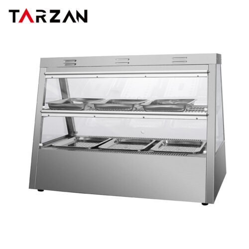 Side angled view of 2-tier stainless steel heated merchandising display showcase