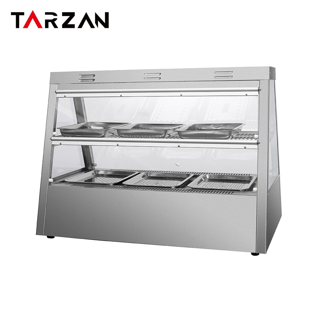 Side angled view of 2-tier stainless steel heated merchandising display showcase