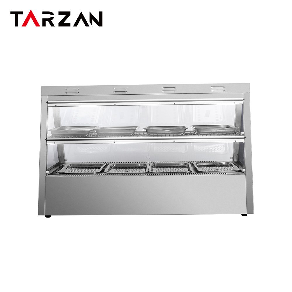 Front straight view of 1200mm countertop commercial food warming display cabinet with 8 pans