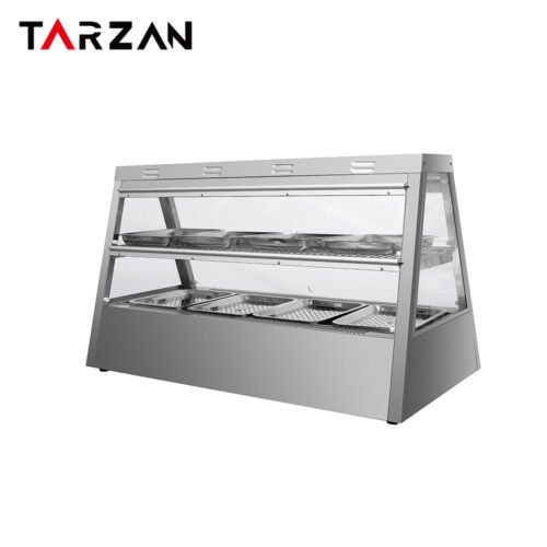 Side angled view of 2-tier extra-wide stainless steel heated merchandising display showcase