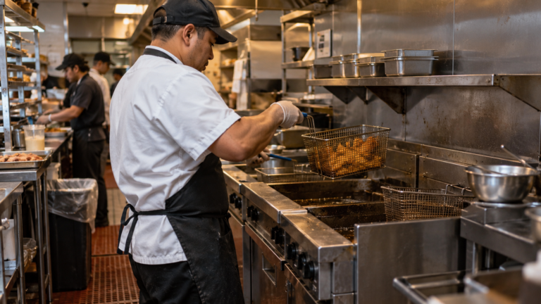 Professional chef in a busy restaurant kitchen lifting a wire basket of fried food from a stainless steel commercial deep fryer