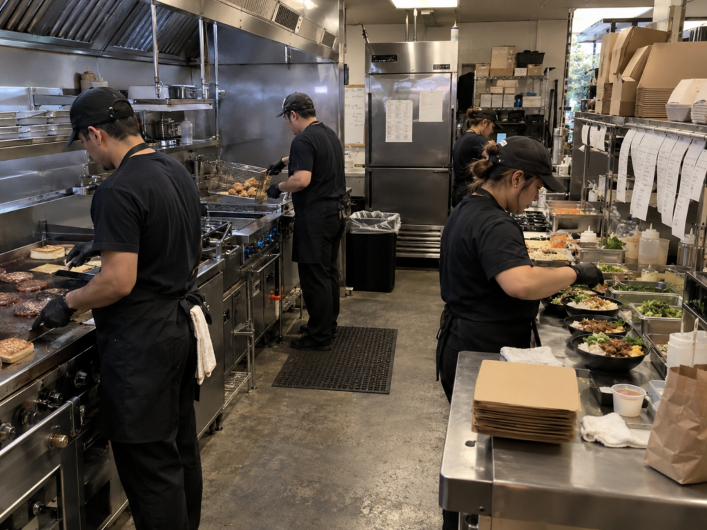 Busy line cooks preparing food using a flat top griddle and deep fryer in a commercial stainless steel kitchen