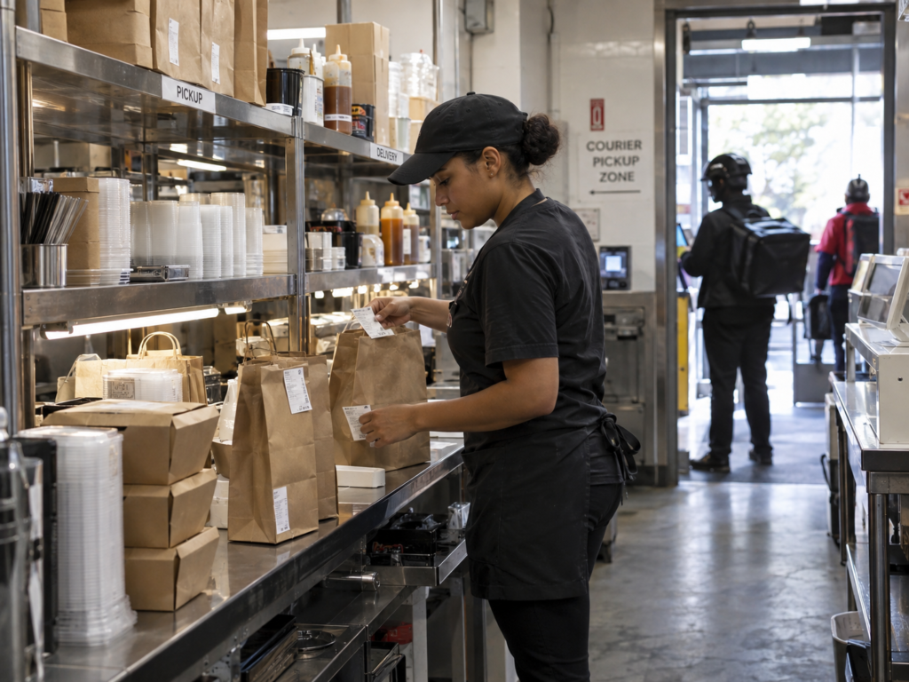 Restaurant staff packing food delivery orders in paper bags at a stainless steel ghost kitchen prep counter