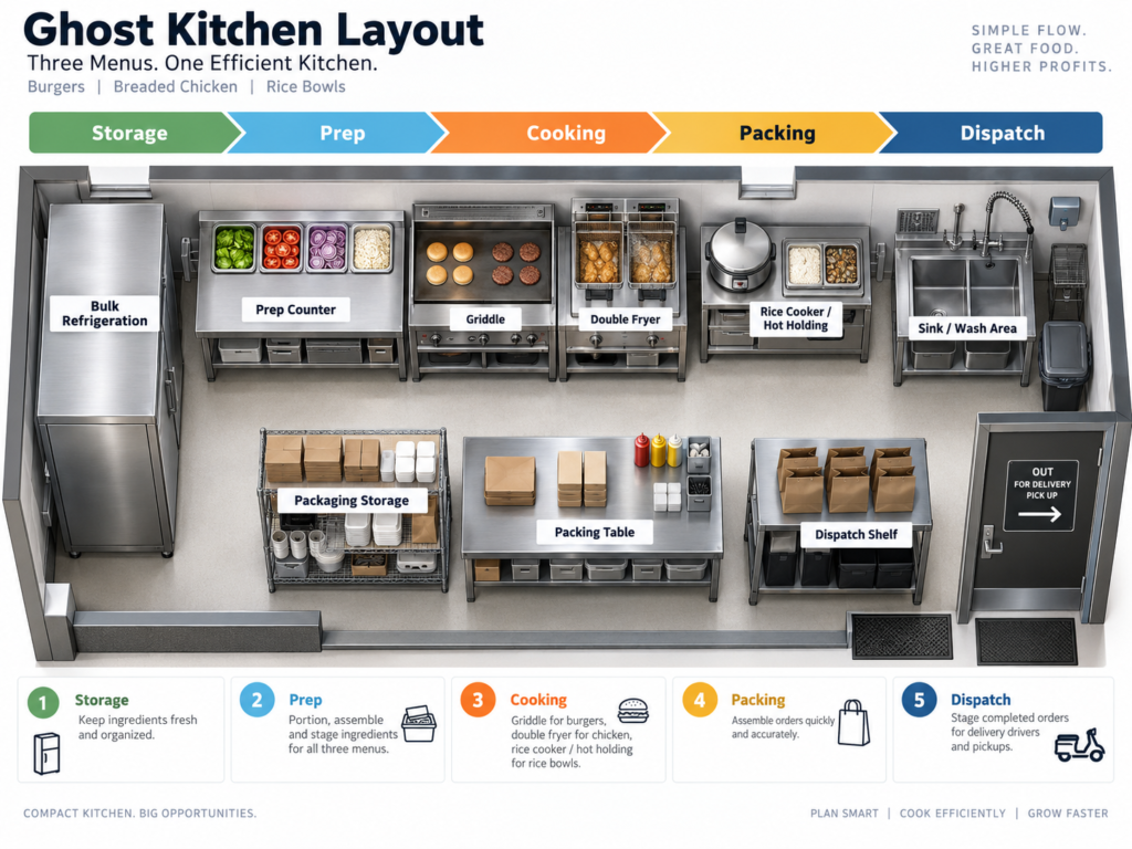 3D isometric floor plan of a commercial ghost kitchen layout showing storage, prep, cooking, and dispatch zones