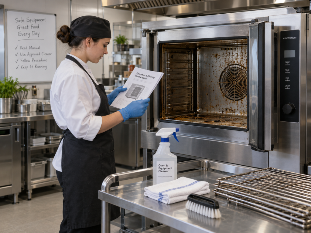 Kitchen staff wearing blue gloves reading a cleaning instructions manual in front of a dirty commercial convection oven