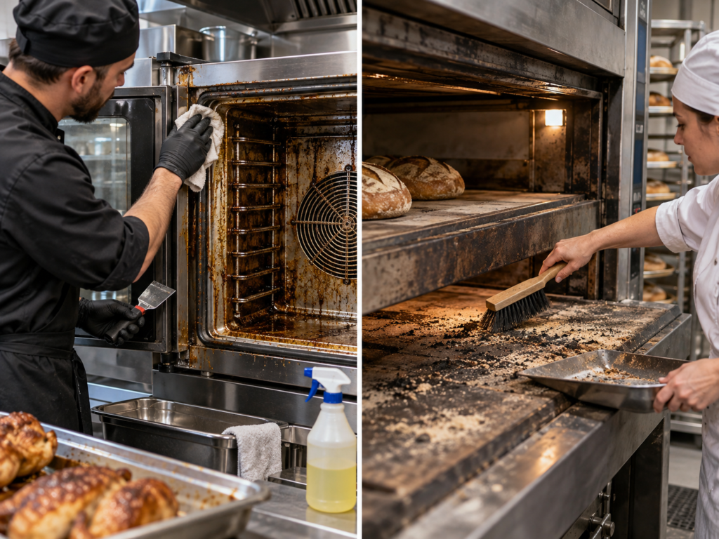 Split view of a chef wiping a greasy convection oven door seal and a baker brushing ash from a commercial deck oven
