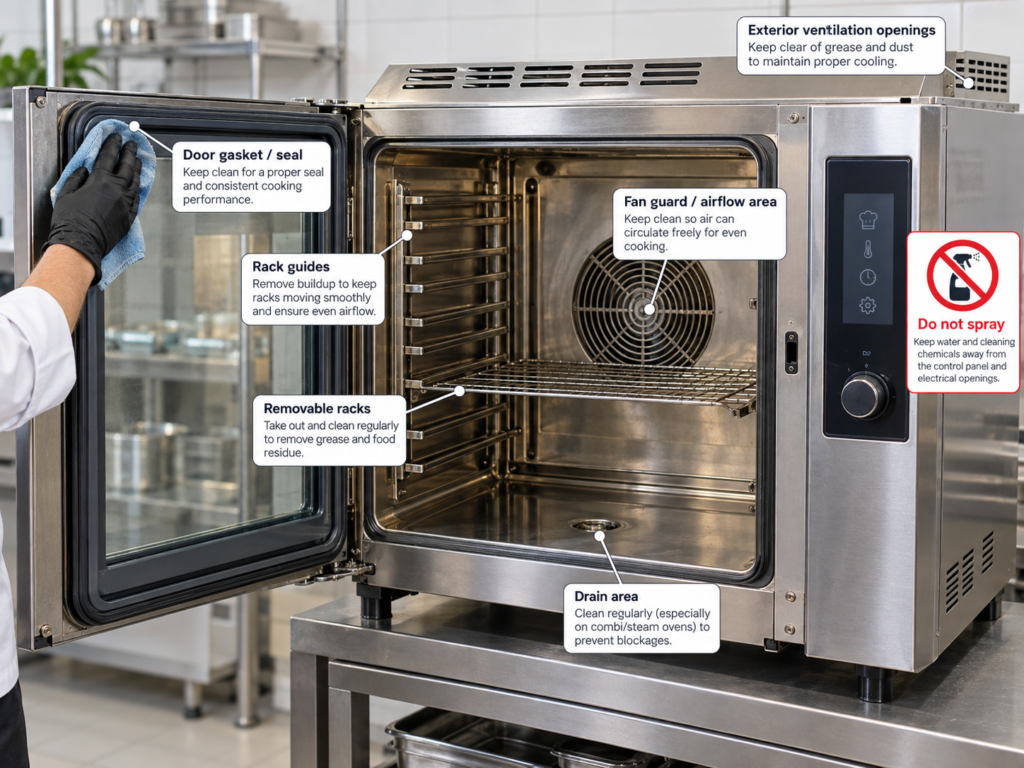 Annotated maintenance diagram of a commercial convection oven highlighting key cleaning areas like the door gasket and fan guard