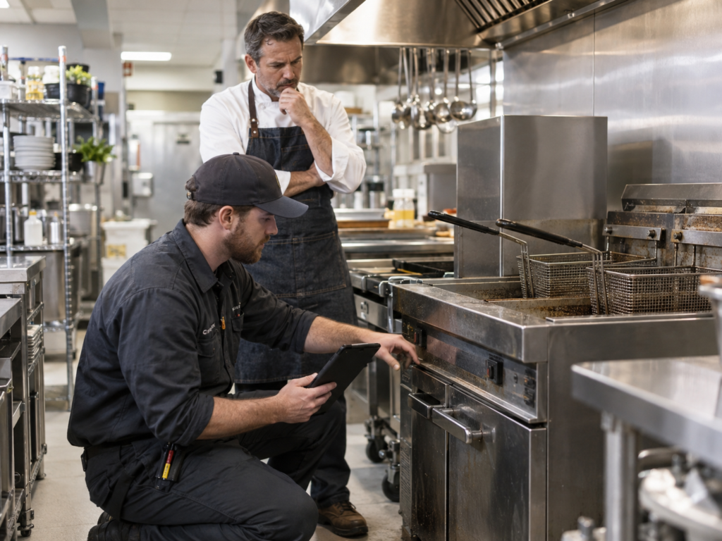 Technician with a tablet and a chef inspecting a commercial deep fryer during an on-site consultation for wholesale equipment procurement